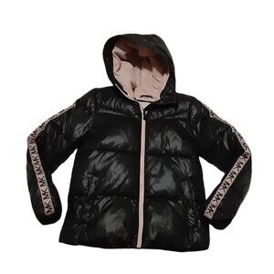Michael Kors MK Hooded Puffer Jacket Size 14 Black Pink Logo Youth Girls